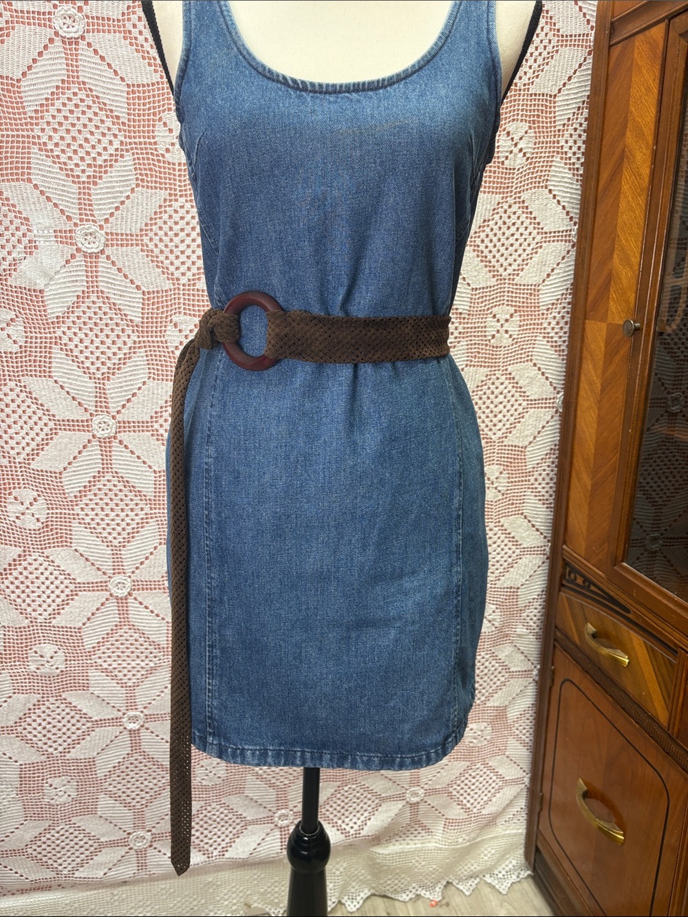 Handcrafted Brown Leather Tie Belt with Wooden Ring | Boho Cottagecore